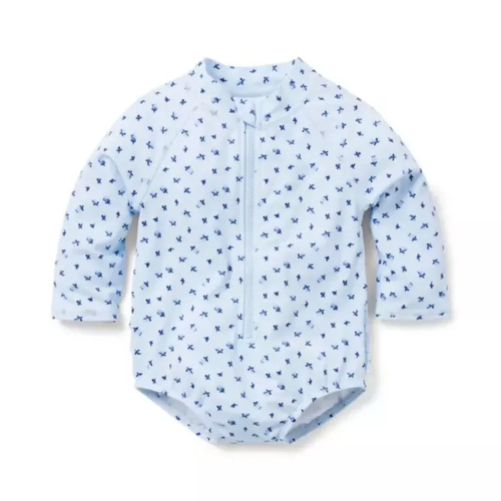 NWT Janie and Jack rash guard swimsuit beau blue floral w/ ruffles 0-3 months‎